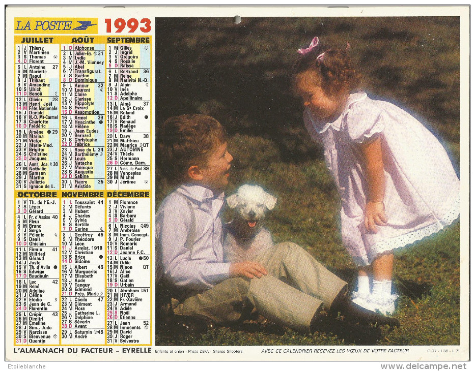 Calendrier La Poste 1995 - Photo Enfants Et Chien, Fillette Avec Chat - Big : 1991-00