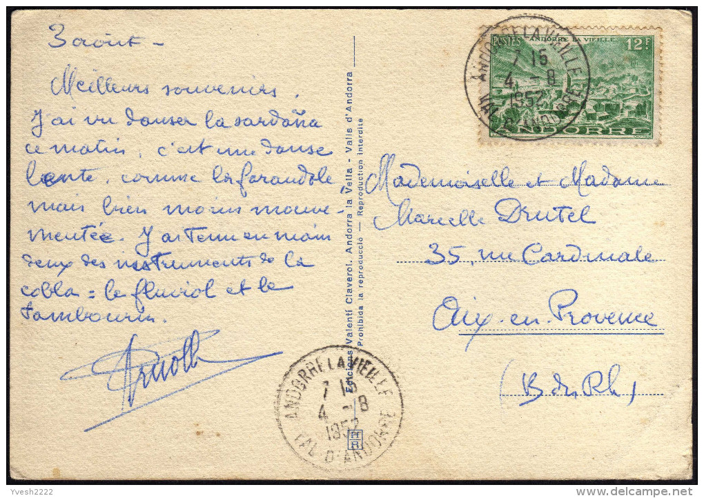 Andorre Français 1952. Carte Postale Affranchie 12 F Y&T 130. Vallées D'Andorre, Canillo, église Style Roman. Moutons - Briefe U. Dokumente