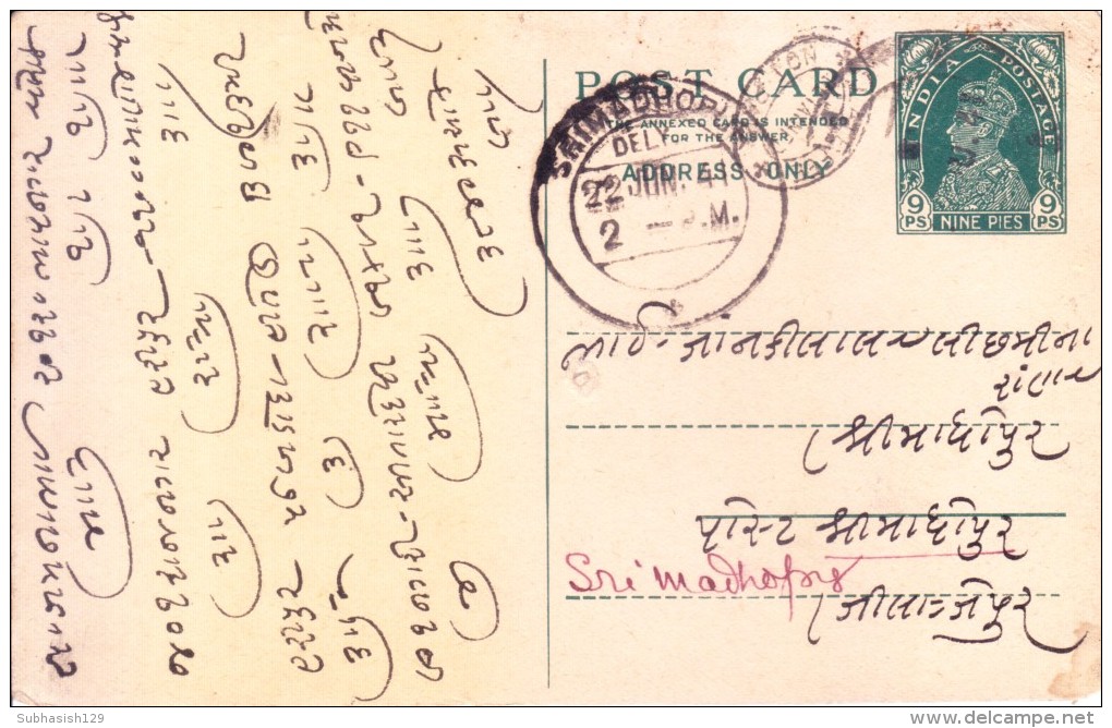 BRITISH INDIA - 1941 KING GEOERGE VI POST CARD WITH 'LATE FEE NOT PAID' CANCELLATION FROM RAJASTHAN - 1902-11 King Edward VII