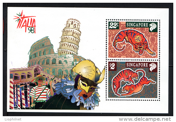 SINGAPOUR SINGAPORE 1998, ITALIA 98, ANNEE DU TIGRE, Feuillet De 2 Valeurs, Neufs / Mint. REF867 - Astrologie