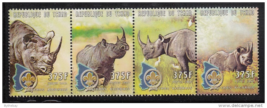 Chad MNH Scott #874 Strip Of 4 375fr Rhinoceros, Scout Emblem - Tchad (1960-...)