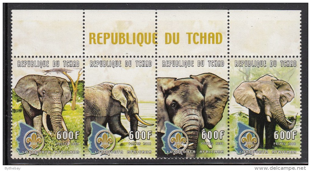 Chad MNH Scott #880 Strip Of 4 600fr Elephants, Scout Emblem - Chad (1960-...)