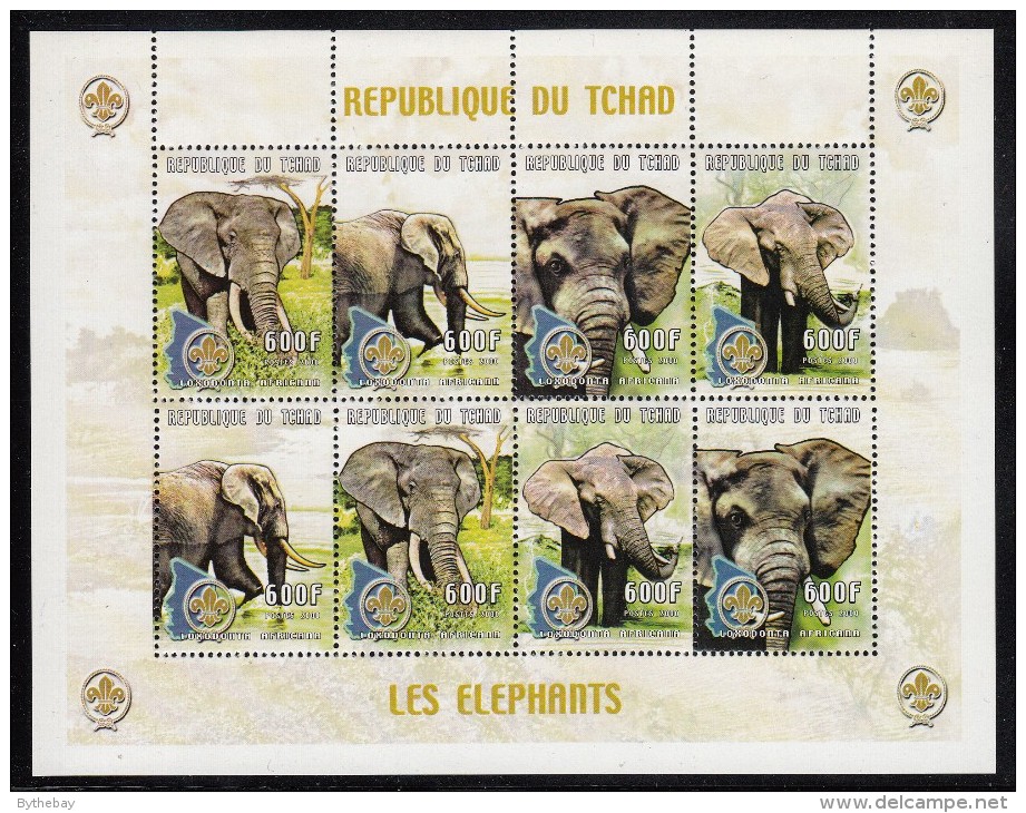 Chad MNH Scott #880 Minisheet Of 2 Strips Of 4 600fr Elephants, Scout Emblem - Tchad (1960-...)
