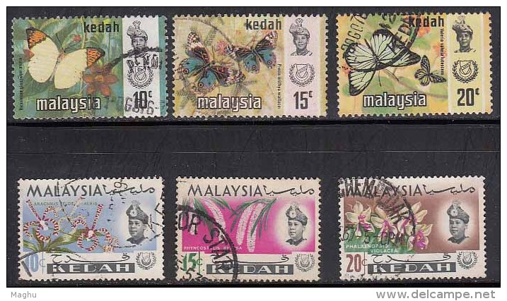 6 Diff., Kedah Used  1965, 1971, Butterfly, Insect, Orchid, (sample Image) - Kedah