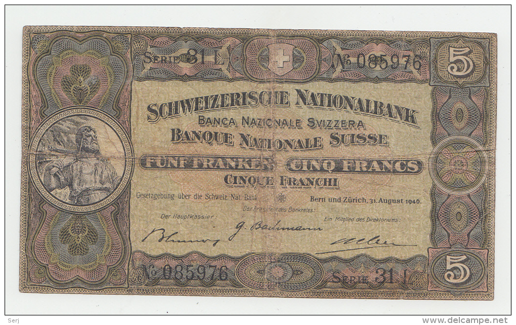 Switzerland 5 Francs 1946 VG P 11L 11 L - Suiza