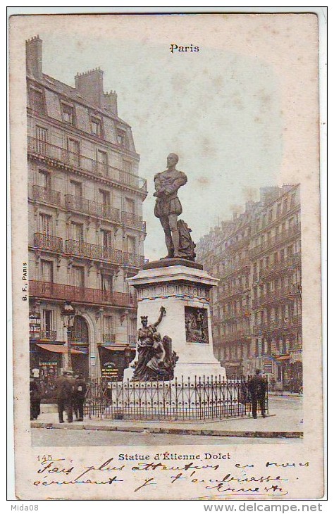 75. PARIS . STATUE D'ETIENNE DOLET . ANIMATION . Editeur B. F. . CARTE PRECURSEUR. CARTE NUAGE . CALECHES - Statues