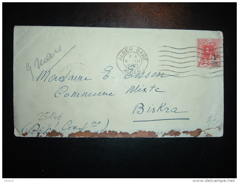 LETTRE TP 90C SURCHARGE 1F OBL.MEC. 6 III 1940 ALGER-GARE ALGER - Storia Postale