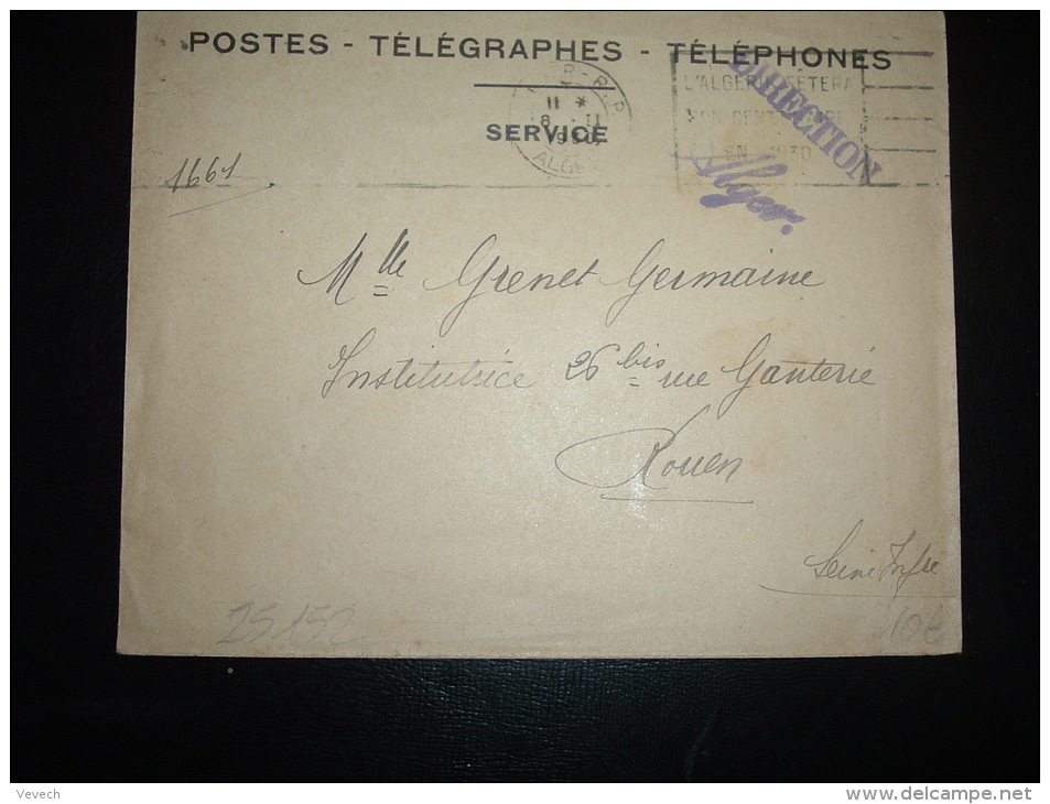 LETTRE PTT SERVICE OBL.MEC. 8 II 1930 ALGER RP ALGER + GRIFFE DIRECTION ALGER - Cartas & Documentos