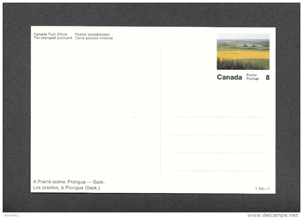 POSTES CANADIENNES - PRE-STAMPED 8 CENT - CARTE POSTALE TIMBRÉE - LES PRAIRIES À PRONGUA ( SASK. ) - Autres & Non Classés