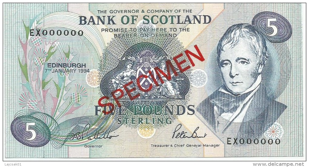 Bank Of Scotland 5 Pounds 1994. UNC SPECIMEN P-116 Signature B - 5 Pond