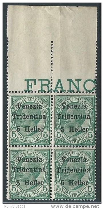 1918 TRENTINO EFFIGIE 5 H QUARTINA MNH ** - ED759 - Trento