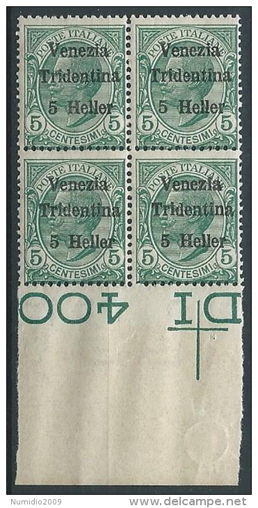 1918 TRENTINO EFFIGIE 5 H QUARTINA MNH ** - ED764 - Trento