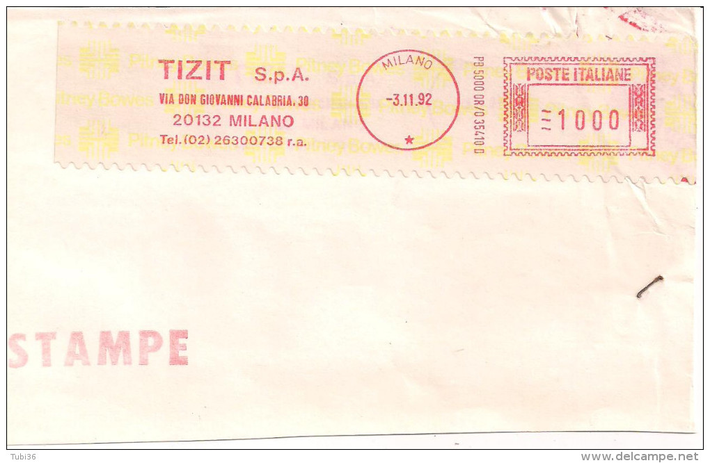 TIZIT, MILANO, FRANCATURA MECCANICA ROSSA  L.1000, SU RITAGLIO DI BUSTA, 1992, - Macchine Per Obliterare (EMA)