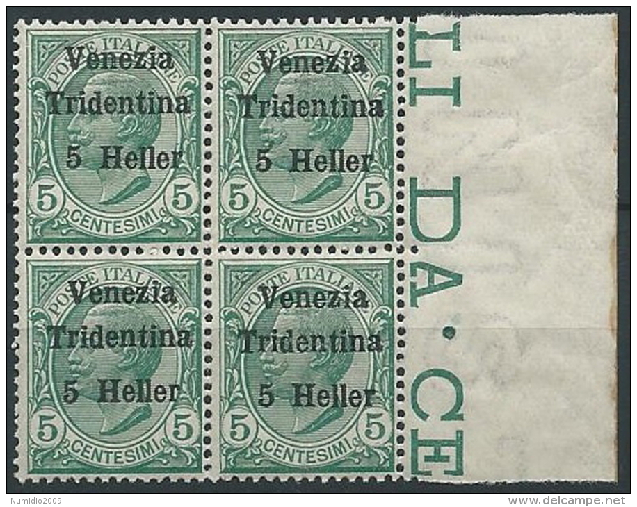 1918 TRENTINO EFFIGIE 5 H QUARTINA MNH ** - ED765-2 - Trentin