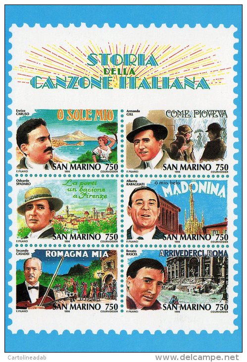 [DC0131] CARTOLINEA - MOLTO RARA - STORIA DELLA CANZONE ITALIANA - RIPROD. FOGLIETTO FRANCOBOLLI REPUBBLICA SAN MARINO - Francobolli (rappresentazioni)