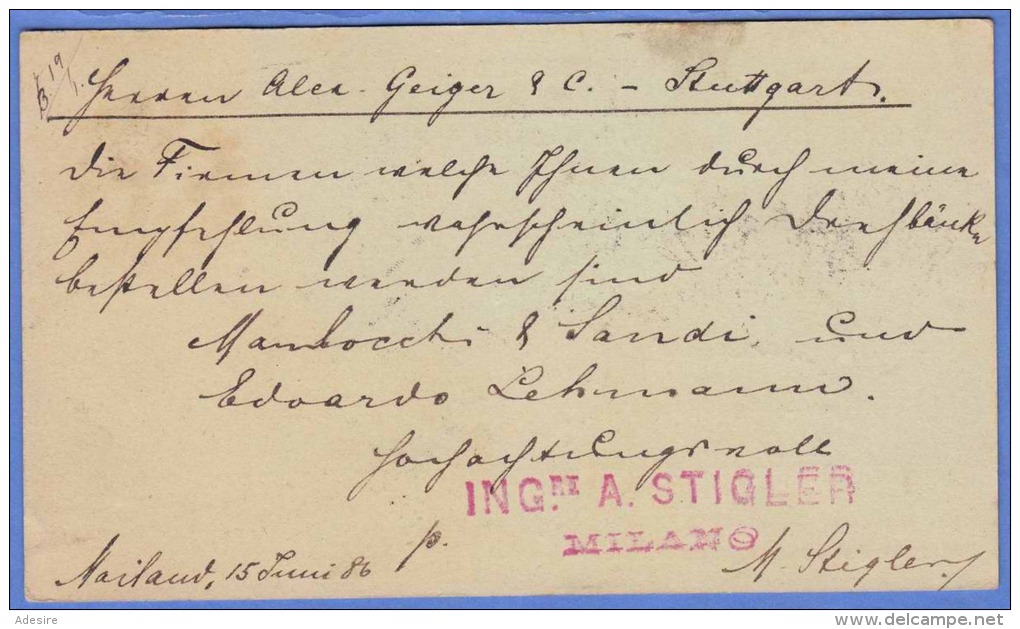 Italien 1886 - Ganzsache Auf Pk Gel.v. Milano &gt; Stuttgart - Ganzsachen