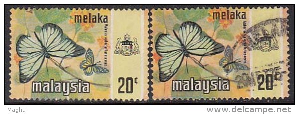 Melaka, Mallaca, 2 Diff. Printing, Litho &amp; Photo Varieties,  Used 1971 &amp; 1977 Butterfly, Insect, Malaysia - Malacca