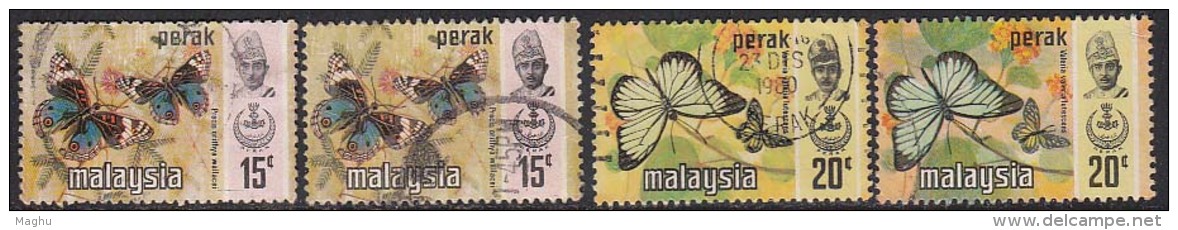 Perak 2 Diff. , Values,  Litho, Photo Varieties  Used 1971, 1977 Butterfly Insect, Malaysia - Perak