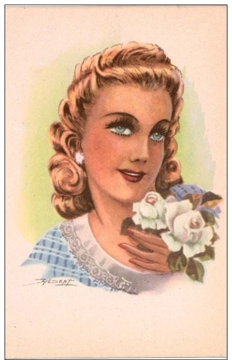 Lot illustrateur 10 cartes postales anciennes  Portraits de Femmes avec fleurs , signées,dos vierges, toutes scannées