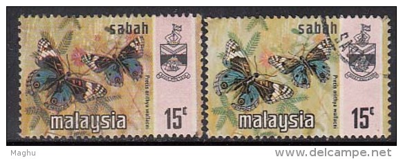 15c X 2 Diff., Print, Litho &amp; Photo, Sabah Used 1971, 1977, Butterfly, Insect, Malaysia - Sabah