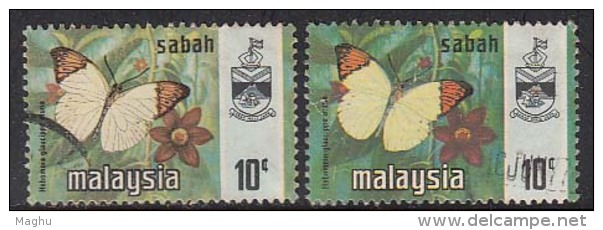 10c X 2 Diff., Print, Litho &amp; Photo, Sabah Used 1971, 1977, Butterfly, Insect, Malaysia - Sabah
