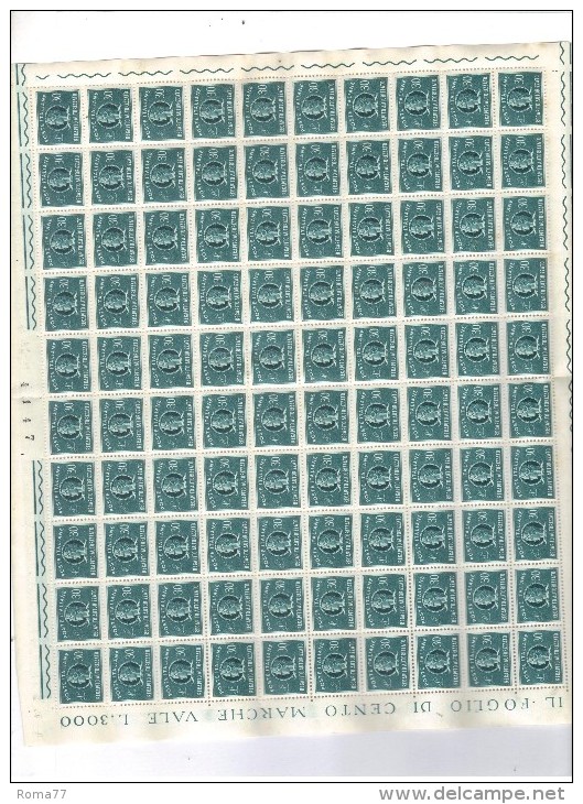 RECAPITO AUTORIZZATO 30 LIRE - FOGLIO INTERO NUOVO DA 100 Ripiegato  ***  MNH . N Foglio Alto - Feuilles Complètes