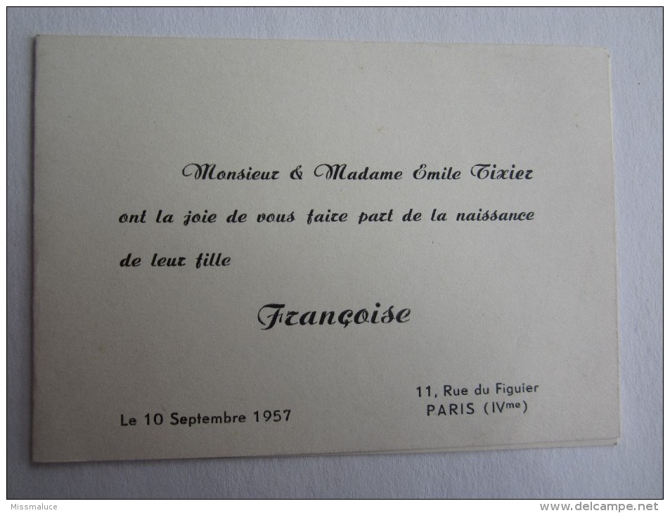 PARIS RUE DU FIGUIER EMILE TIXIER FRANÇOISE FAIRE PART DE NAISSANCE - Geboorte & Doop