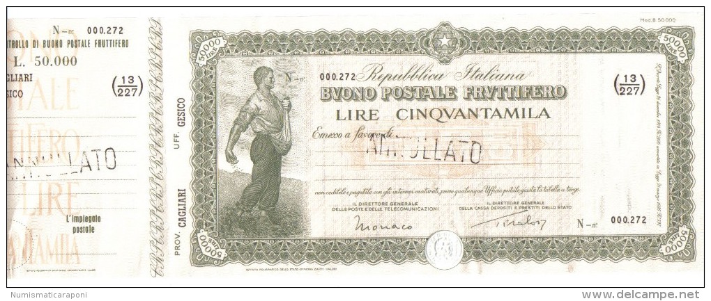 Buono Postale Fruttifero  50000 Lire Annullato Provincia Cagliari Uff. Gesico Doc.010 - Altri & Non Classificati