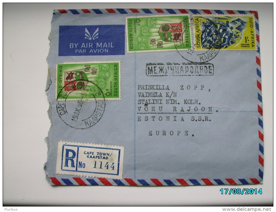 1960  SOUTH AFRICA  CAPE TOWN  TO USSR  RUSSIA  ESTONIA  REGISTERED AIR MAIL  ,  OLD COVER, 0 - Poste Aérienne