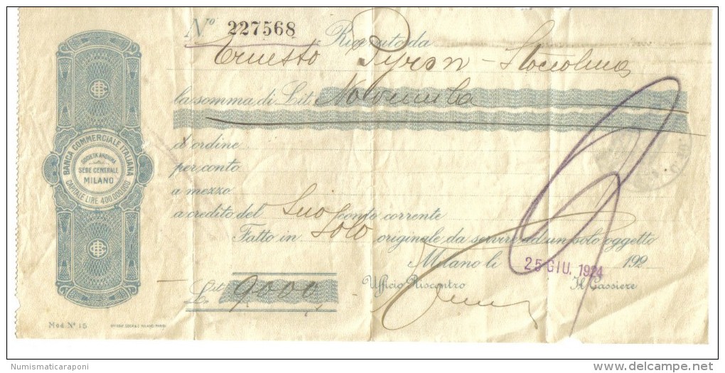 Ricevuto Banca Commerciale Italiana 25 06 1924 Milano Doc.017 - Cheques & Traveler's Cheques