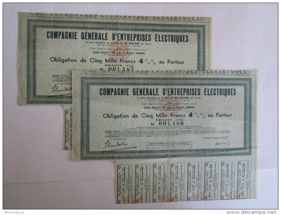 LOT DE 2 ACTIONS; OBLIGATION DE CINQ MILLE FRANCS COMPAGNIE GÉNÉRALE D´ENTREPRISES ÉLECTRIQUES - Electricidad & Gas