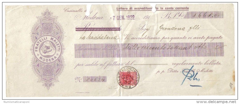Fratelli Maletti Modena Lettera Di Accreditamento In Conto Corrente Doc.022 - Cheques & Traverler's Cheques