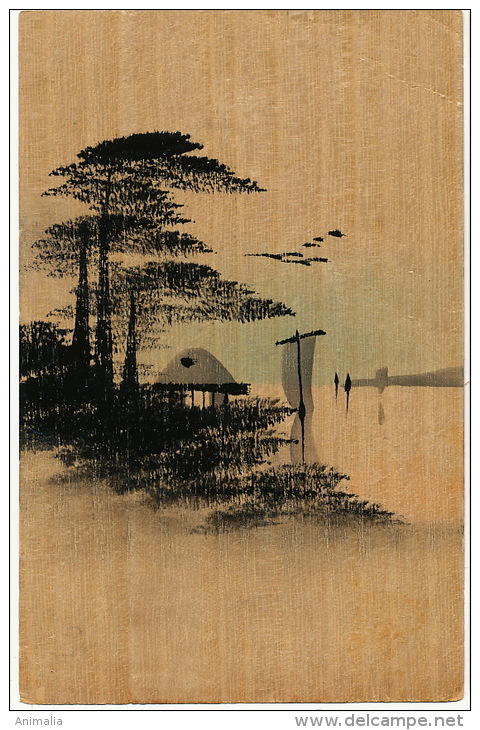 Japanese Painted Art Card Made Of Wood Carte Japonaise En Bois Peinte - Autres & Non Classés