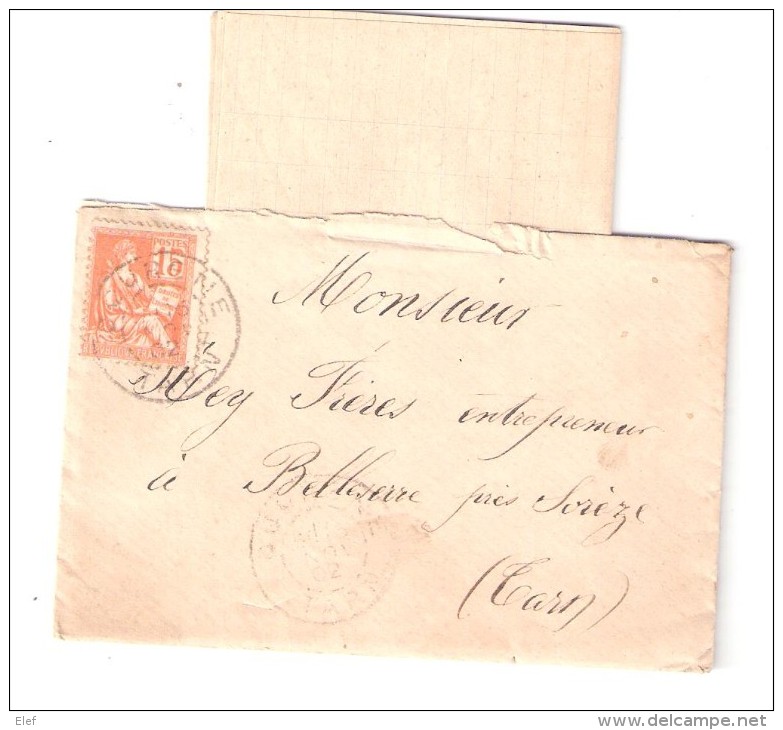 Lettre De  DOURGNE , Tarn ( Village D' ARFONS) , Type MOUCHON, 15 C N° 117 > Belleserre, 15 NOV 1902,TB - 1877-1920: Semi Modern Period