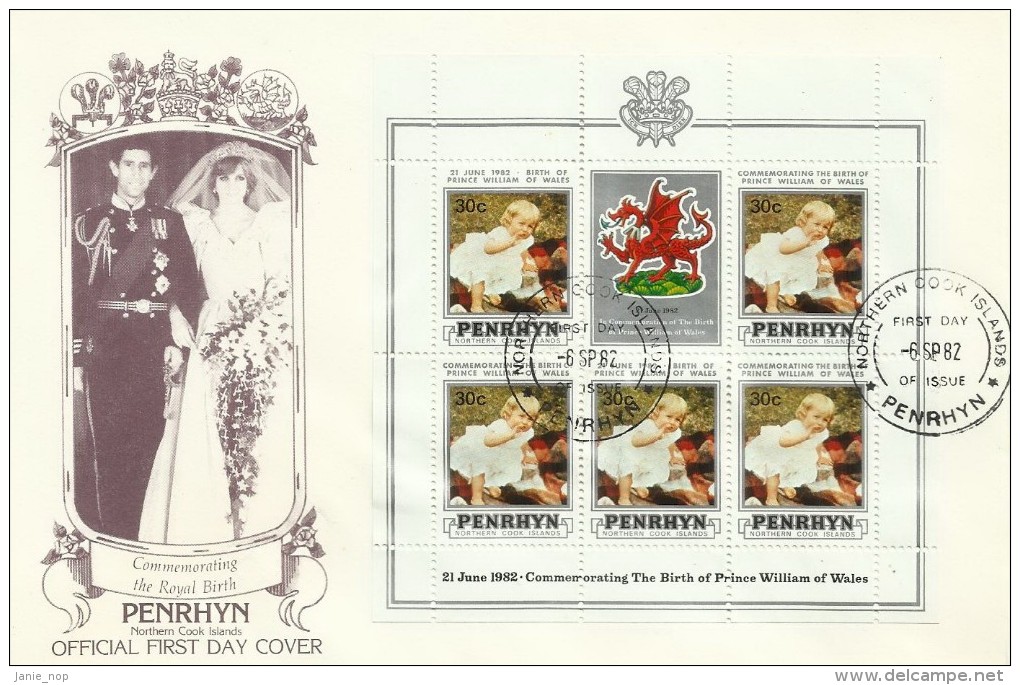 Penrhyn 1982 21 June Birth Of Prince William Of Wales 30c Souvenir Sheet FDC - Penrhyn