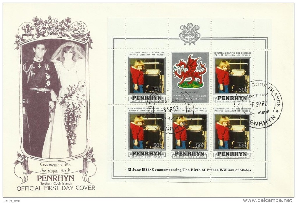 Penrhyn 1982 21 June Birth Of Prince William Of Wales 50c Souvenir Sheet FDC - Penrhyn