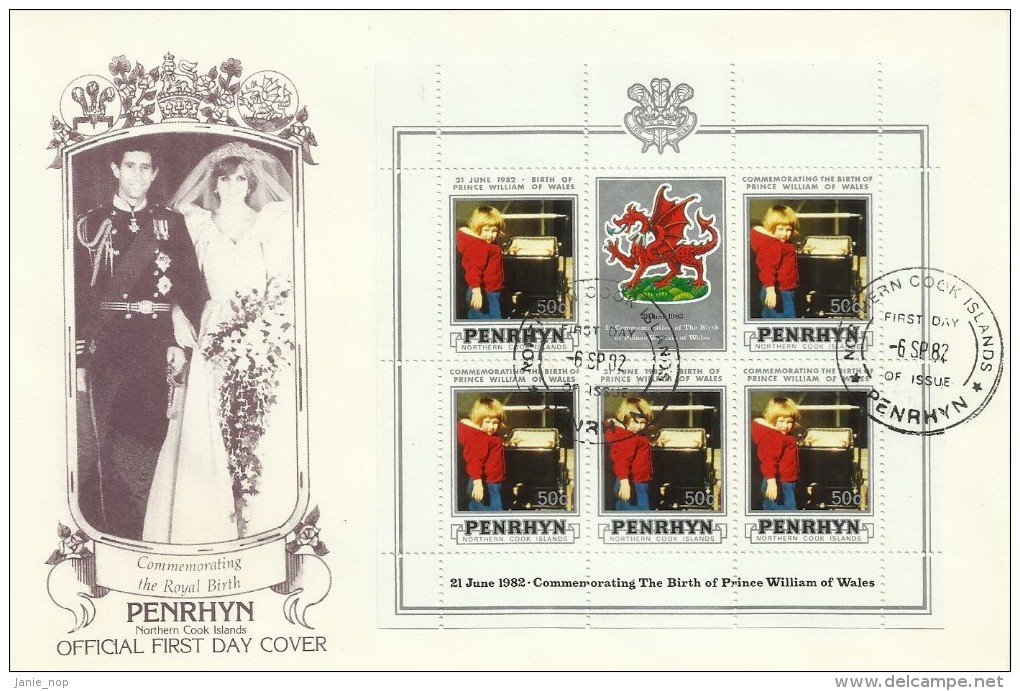 Penrhyn 1982 21 June Birth Of Prince William Of Wales 50c Souvenir Sheet FDC - Penrhyn