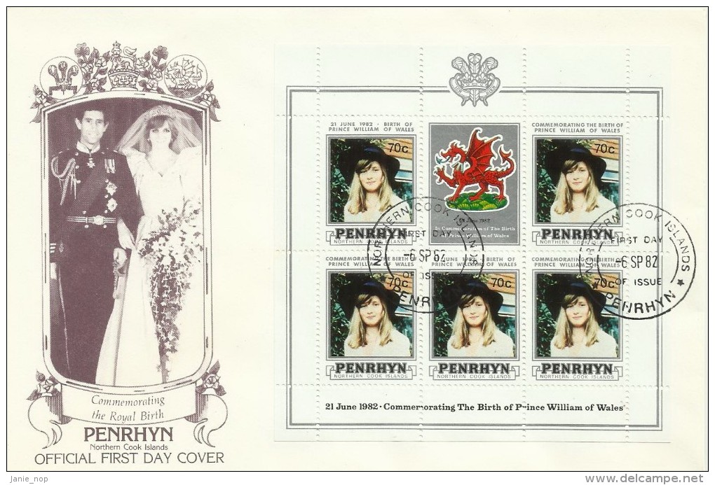Penrhyn 1982 21 June Birth Of Prince William Of Wales 70c Souvenir Sheet FDC - Penrhyn