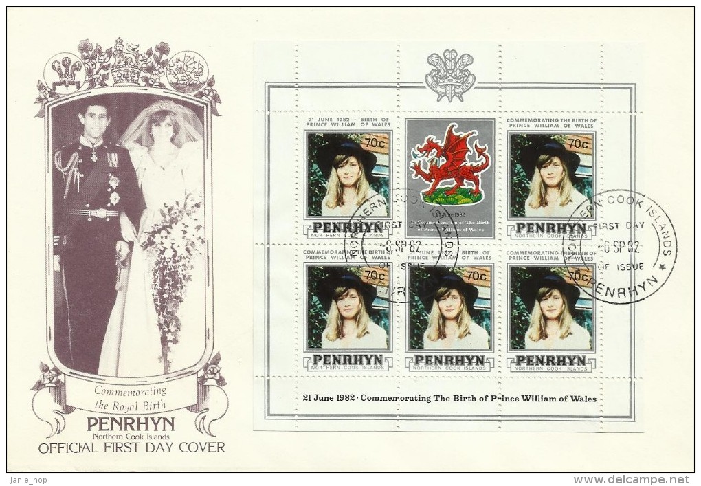 Penrhyn 1982 21 June Birth Of Prince William Of Wales 70c Souvenir Sheet FDC - Penrhyn