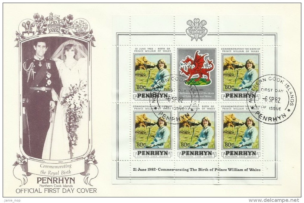 Penrhyn 1982 21 June Birth Of Prince William Of Wales 80c Souvenir Sheet FDC - Penrhyn