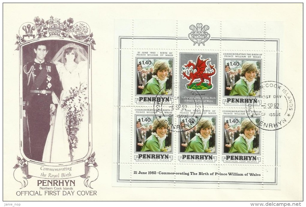 Penrhyn 1982 Birth Of Prince William Sheetlet FDC - Penrhyn