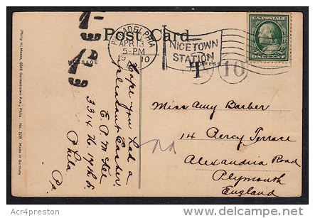 C0370 USA 1911, Postcard To England With US Railway Station Postmark &amp; UK Postage Due Mark - Covers & Documents