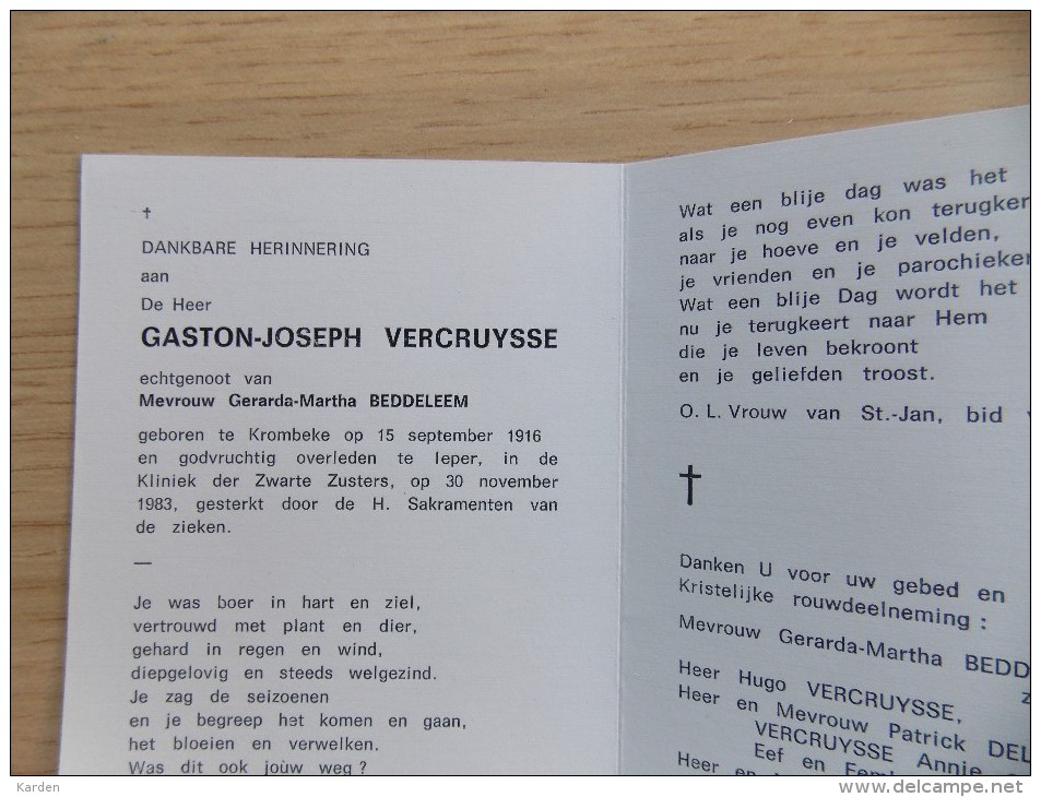 Doodsprentje Gaston Joseph Vercruysse Krombeke 15/9/1916 Ieper 30/11/1983 ( Gerarda Martha Beddeleem ) - Religion &  Esoterik