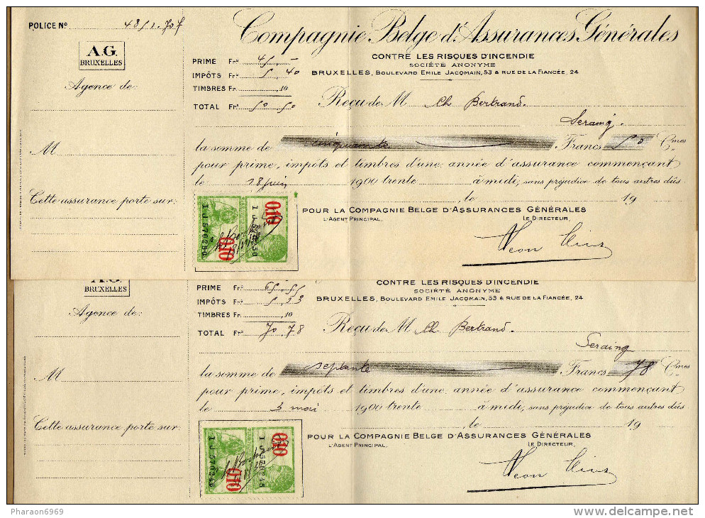 2 Reçus Compagnie Belge D'assurances Générales AG Bruxelles + Timbre Fiscal - Dokumente