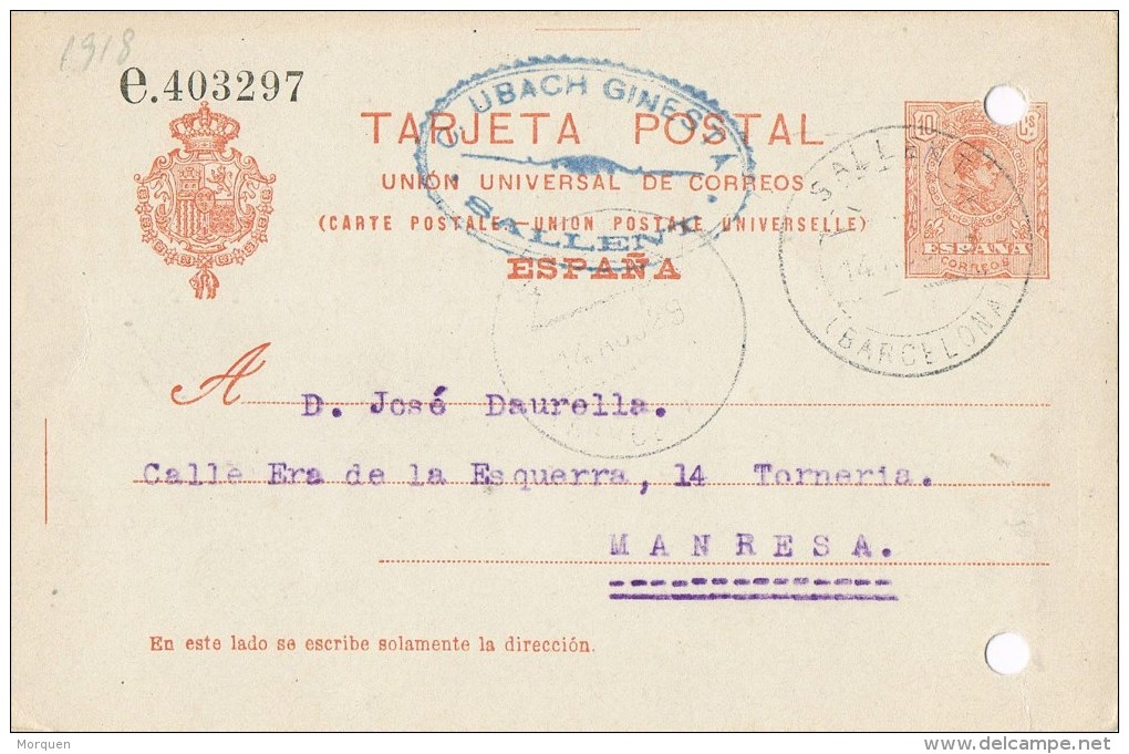 10031. Entero Postal SALLENT (barcelona) 1918. Medallon - 1850-1931