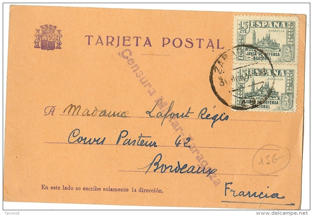 LMM12 - ESPAGNE CENSURA MILITAR ZARAGOZA SUR CARTE POSTALE MARS 1937 - Nationalists Censor Marks