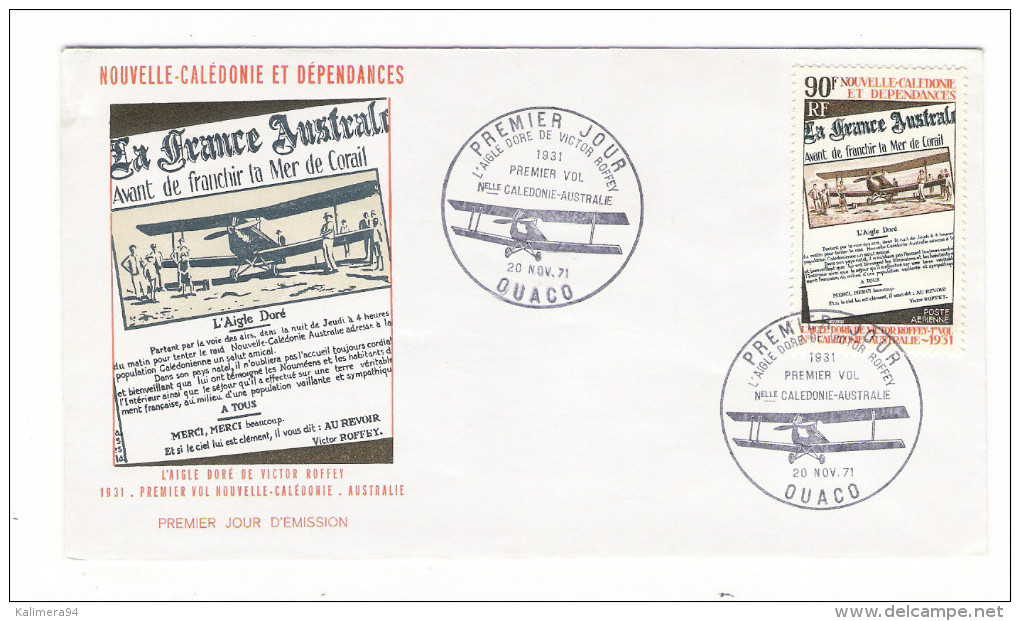 NOUVELLE-CALEDONIE ET DEPENDANCES / AIGLE DORE De VICTOR ROFFEY ( 1er Vol Nouméa-Australie ) / Poste Aérienne 90 F. 1971 - FDC