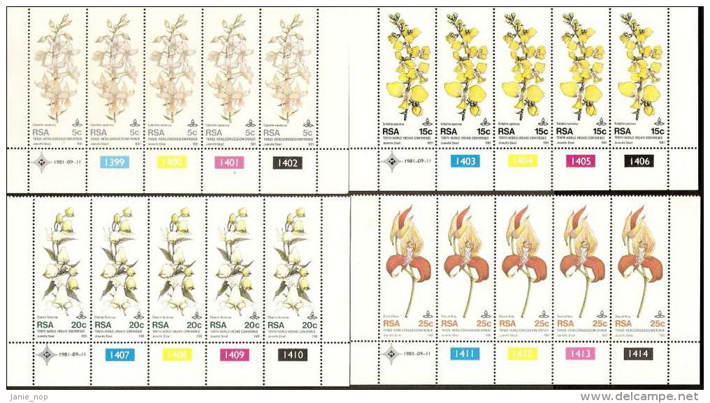 RSA 1981 Tenth World Orchid Conference Blocks 4 Strips Of 5 MNH - Other & Unclassified