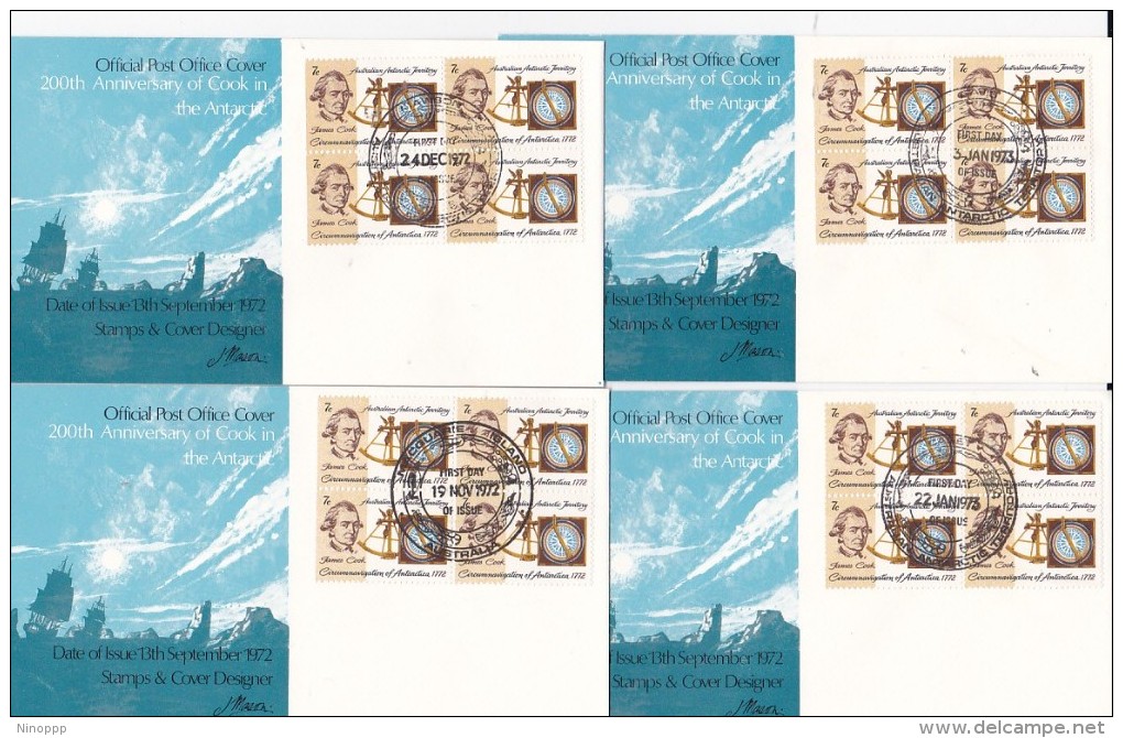 Australian Antarctic Territory 1972 200th Anniversary Cook  Voyage ,Cook,set 4 Bases In Blocks Of 4 FDCs - FDC
