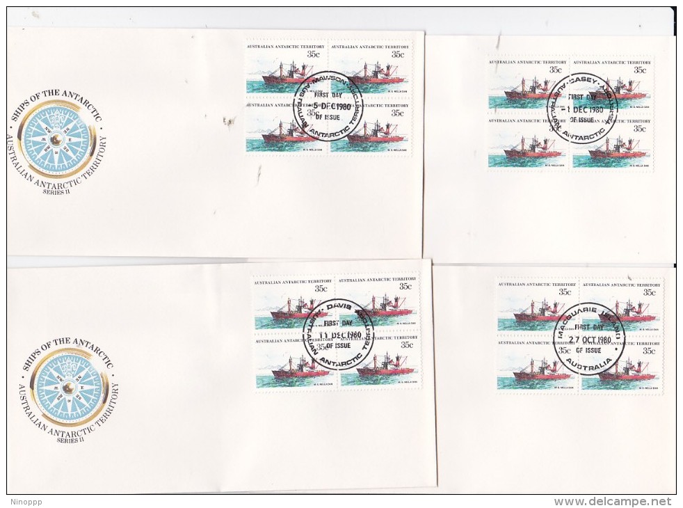 Australian Antarctic Territory 1980 Ships Serie II,Nella Dan,   Block 4 X 4 Bases FDCs - FDC